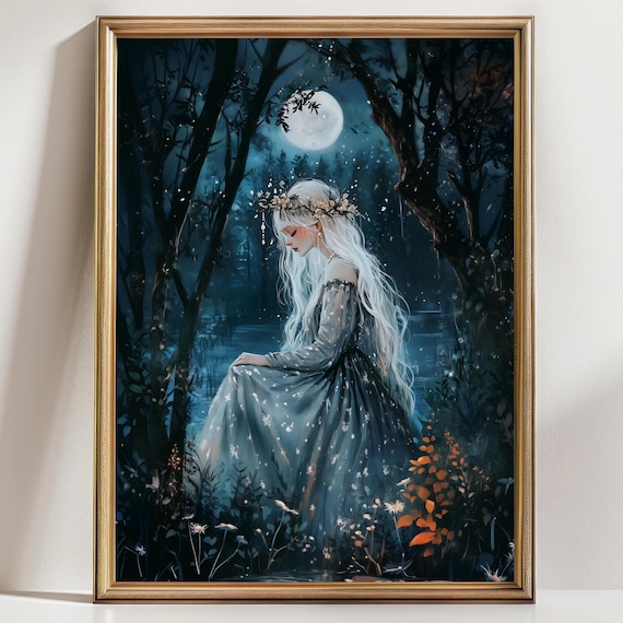 Moonlit Forest Fairy Art Print, Enchanted Woman with White Hair, Dark Woodland Fantasy Wall Art, Ethereal Mystical Nature Decor