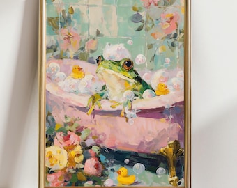 Whimsical Frog Art Print – Cute Frog in Bubble Bath with Rubber Ducks, Pastel Cottagecore Bathroom Decor, Playful Animal Wall Art