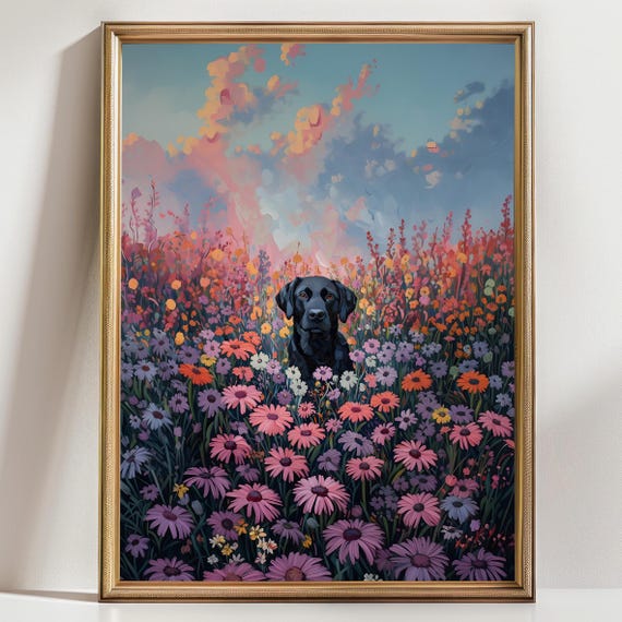 Floral Labrador Dog Portrait Poster, Black Lab Wall Art, Floral Decor, Dog Lover Gift, Home Decor, Animal Print