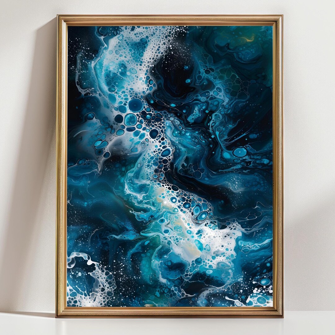 Abstract Ocean Wave Wall Art Print | Deep Blue Sea Fluid Painting ...