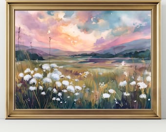 Sunset Wall Art Print: Pastel Wildflower Field - Soft Color Landscape