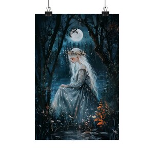 Moonlit Forest Fairy Art Print, Enchanted Woman with White Hair, Dark Woodland Fantasy Wall Art, Ethereal Mystical Nature Decor image 5