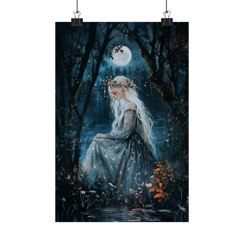 Moonlit Forest Fairy Art Print, Enchanted Woman with White Hair, Dark Woodland Fantasy Wall Art, Ethereal Mystical Nature Decor image 5