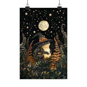Magical Witch Frog Art Print, Moonlit Forest Nursery Wall Decor, Whimsigoth Botanical Illustration, Woodland Animal Poster image 5