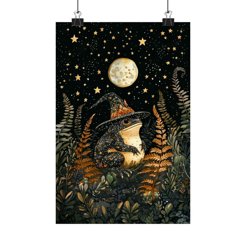 Magical Witch Frog Art Print, Moonlit Forest Nursery Wall Decor, Whimsigoth Botanical Illustration, Woodland Animal Poster image 5