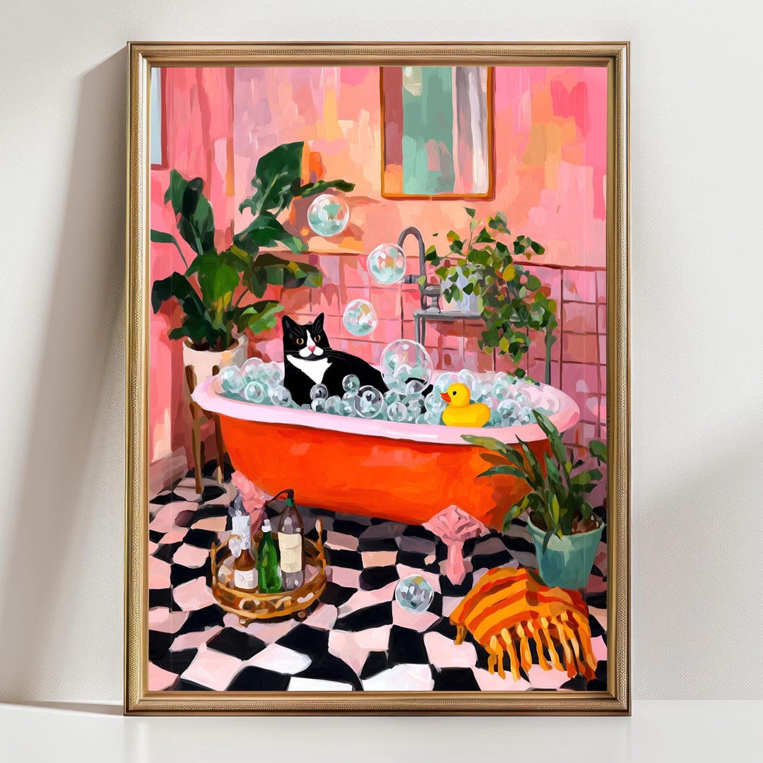 Cat in Bathtub Art Print – Whimsical Animal Wall Art, Tuxedo Cat ...