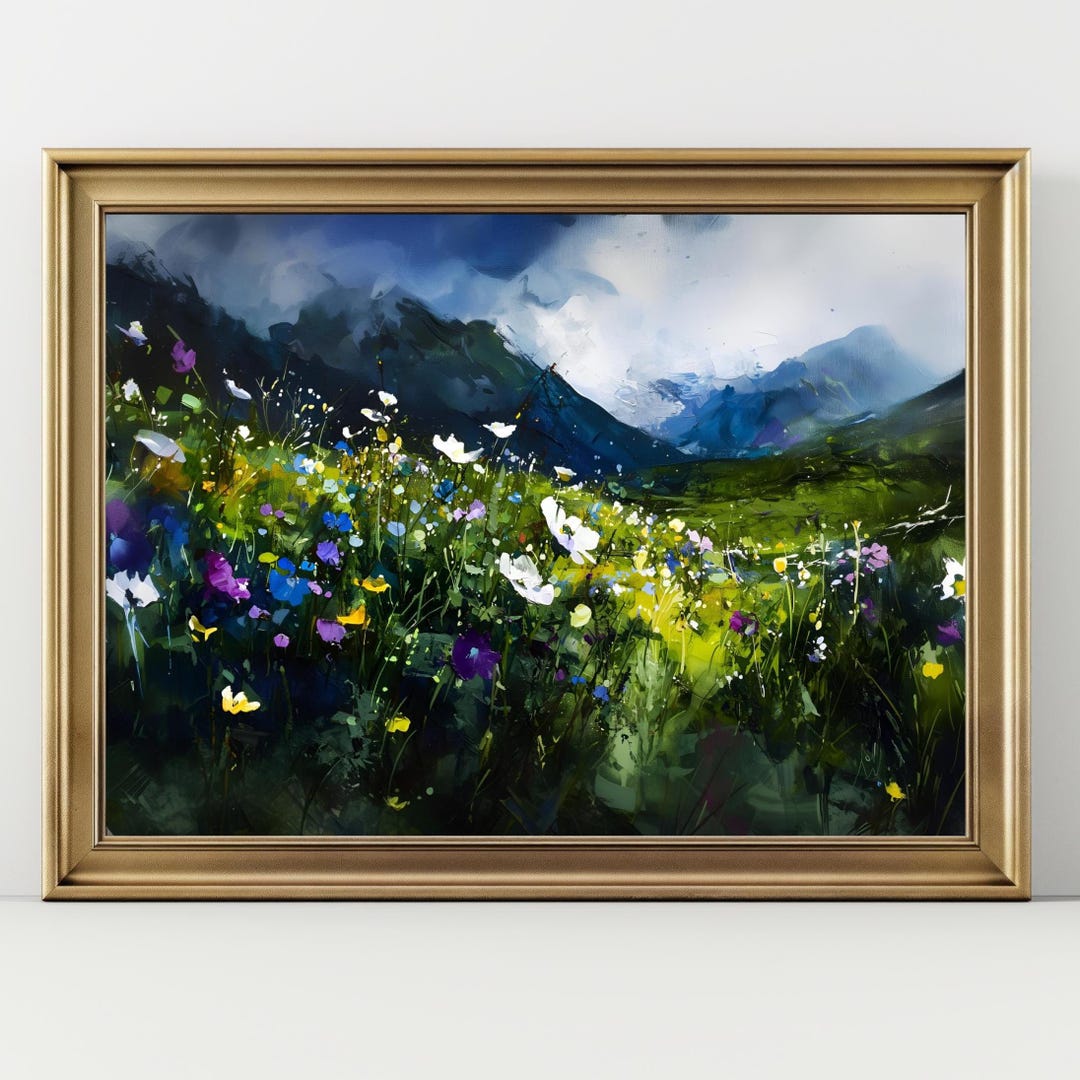 Wildflower Meadow Art Print – Moody Mountain Landscape Painting ...