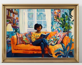 May include: A woman sits on an orange couch reading a book. The couch is covered in colorful pillows and the room is decorated in a bright, modern style.