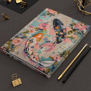 Floral Koi Fish Notebook, Japanese Aesthetic Journal, Colorful Carp Illustration Planner, Zen Nature Writing Notebook Gift