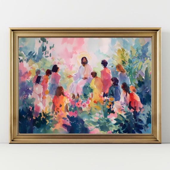 Jesus Teaching Art Print - Colorful Garden Sermon Scene - Uplifting Christian Wall Decor for Faith & Home