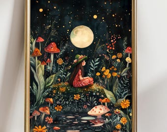 Whimsical Moon Fairy Art Print Mushroom Forest Girl Illustration Cottagecore Night Wall Art Enchanted Garden Fairycore Magical Nature Decor