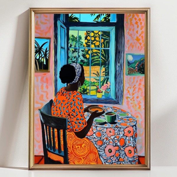 Black Woman at Breakfast – Vibrant Afrocentric Wall Art, Colorful Kitchen Decor, Modern Woman Painting, Joyful Morning Print