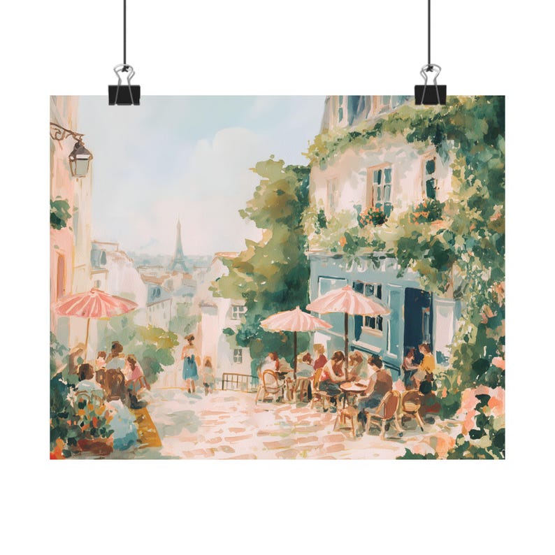 Paris Street Café Art Print – Romantic French Cityscape Painting, Vintage Paris Wall Art Impressionist Travel Decor Montmartre Scene Artwork image 2