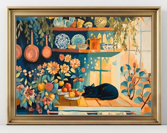 May include: A painting of a kitchen with a black cat sleeping on a counter. The kitchen has a window, a shelf with dishes, and a floral arrangement. The painting is done in a colorful, whimsical style.