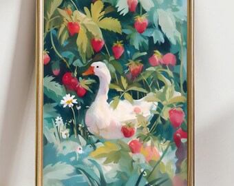 Goose and Strawberry Wall Art, Cottagecore Bird Print, Whimsical Farmhouse Decor, Country Goose Painting, Nature Animal Poster