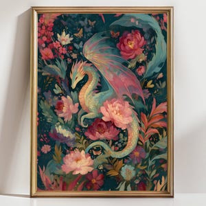 May include: A framed art print featuring a fantasy scene. A light blue dragon with pink wings is surrounded by pink and red flowers and butterflies. The background is a dark teal color, and the frame is gold.