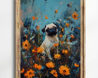 Impresión artística de perro carlino, carlino en un campo de flores silvestres, decoración de pared floral azul cielo naranja, lindo retrato de mascota para amantes de los perros, póster de carlino para regalo