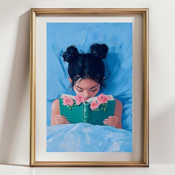 Cuadro para amantes de los libros, pintura de una niña leyendo, decoración de dormitorio original, lámina para un rincón de lectura acogedor, estética cottagecore.