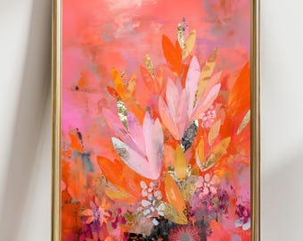 May include: Abstract floral art print in a gold frame. The artwork features a vibrant mix of pink, orange, and yellow hues, with gold leaf accents. The composition includes stylized flowers and leaves, creating a colorful and textured piece.