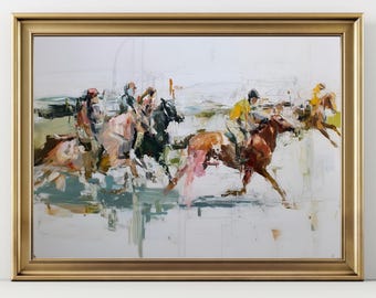 Horse Racing Art Print – Abstract Equestrian Painting, Dynamic Horse Wall Art, Modern Sports Artwork for Home or Office