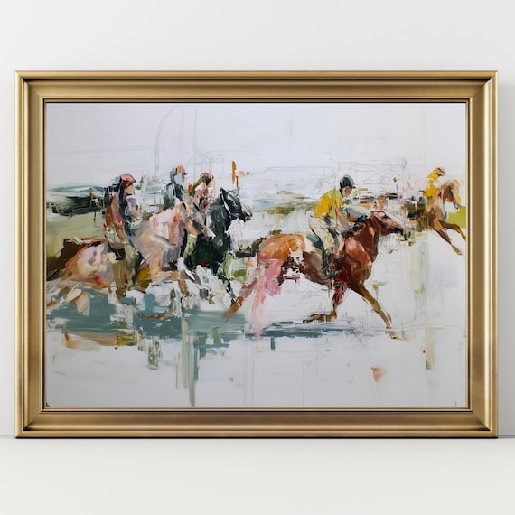 Horse Racing Art Print – Abstract Equestrian Painting, Dynamic Horse Wall Art, Modern Sports Artwork for Home or Office