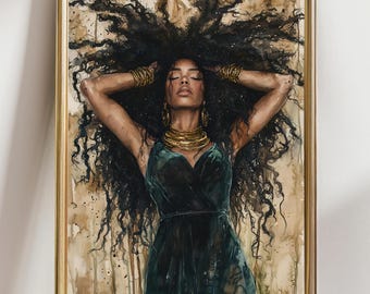 May include: A framed art print featuring a woman with long, dark, curly hair. She wears a dark green dress and gold jewelry, including a necklace and bracelets. The background has a watercolor effect with brown and beige tones.