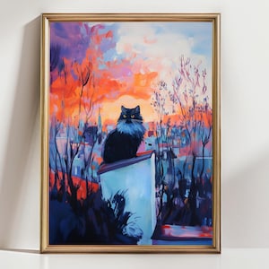 Maine Coon Black Smoke Cat Wall Art Print, Colorful Sunset Landscape Painting, Majestic Long Hair Cat Artwork, Modern Cat Lover Home Decor