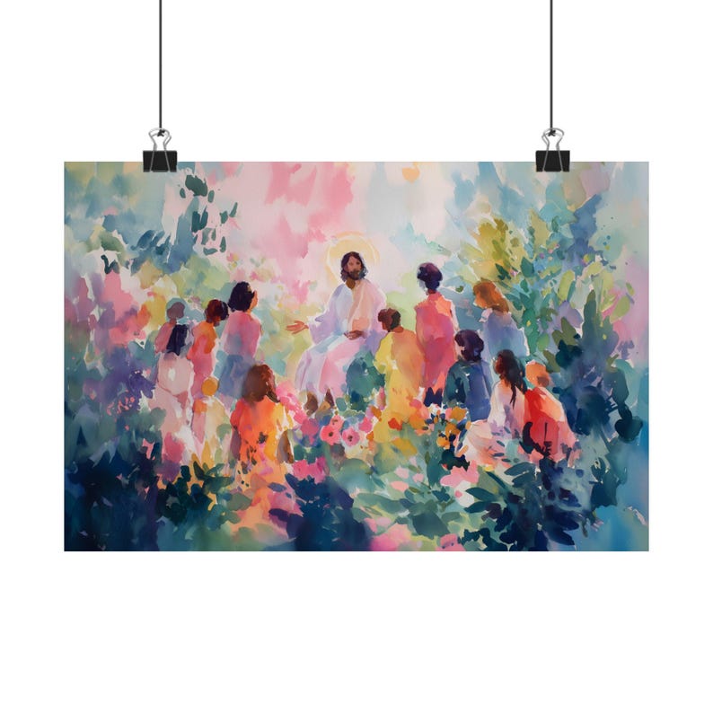 Jesus Teaching Art Print - Colorful Garden Sermon Scene - Uplifting Christian Wall Decor for Faith & Home image 6