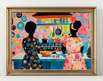 Colorful Black Women in Kitchen Wall Art Print, Afrocentric Home Cooking Illustration, Feminine Kitchen Decor, Modern African American