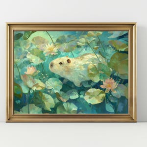 May include: A framed painting depicts a capybara swimming among lily pads and flowers. The artwork features a soft color palette of greens, blues, and creams, with a gold-colored frame. The capybara is the focal point, surrounded by detailed aquatic plants.