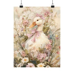 Lámina artística de pato caprichoso | Decoración floral de pared estilo cottagecore | Ilustración de pato con capota, estampado animal pastel para guardería, estilo granja vintage imagen 7