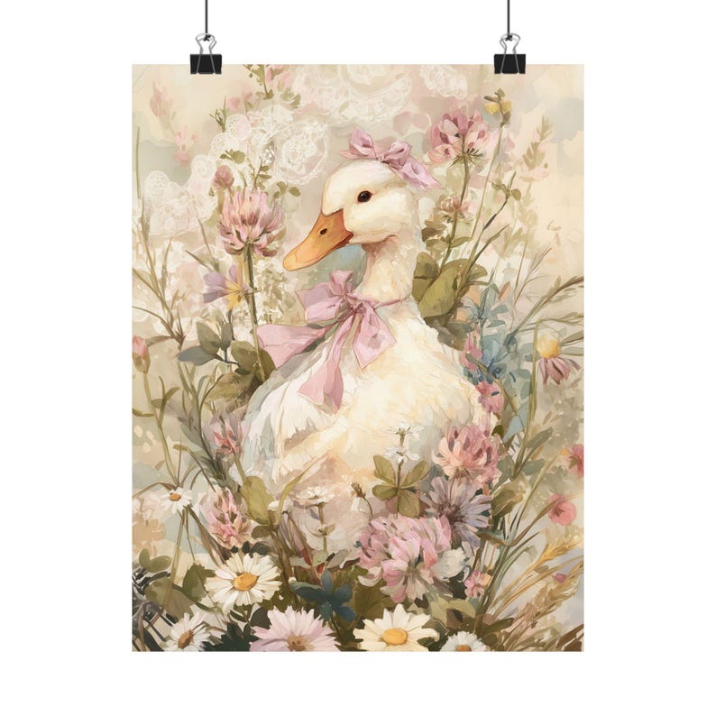 Lámina artística de pato caprichoso | Decoración floral de pared estilo cottagecore | Ilustración de pato con capota, estampado animal pastel para guardería, estilo granja vintage imagen 7