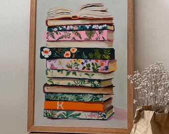 Stack of Books Art Print, Floral Book Lover Wall Art, Cozy Reading Decor, Bibliophile Gift Illustration
