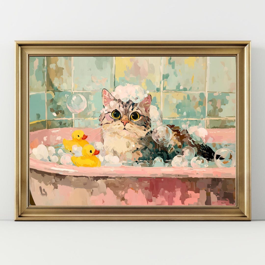 Tabby Cat in Bathtub Art Print – Cute Cat Bathroom Wall Art, Whimsical ...