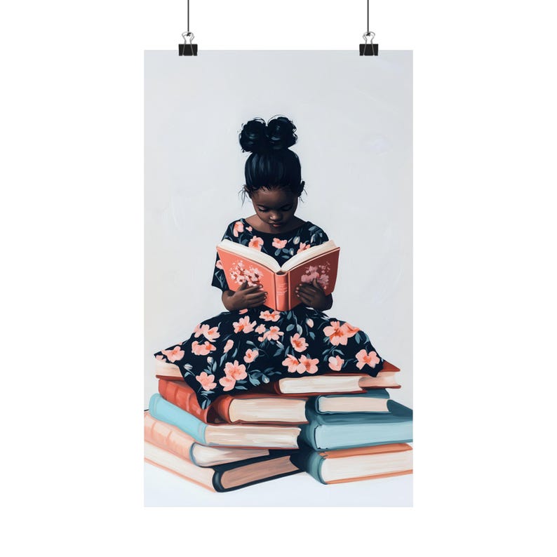 Black Girl Reading Wall Art Print, African American Child Nursery Decor, Floral Book Lover Art, Pink Girls Room Wall Decor afbeelding 6