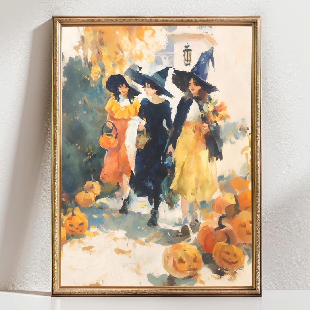Vintage Halloween Witches Art Print, Trick or Treat Wall Decor, Autumn ...