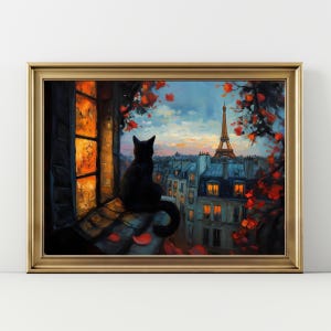 May include: A framed painting depicts a black cat silhouetted against a window overlooking Paris. The Eiffel Tower is visible in the distance. The artwork features warm tones, with red flowers and a golden frame.
