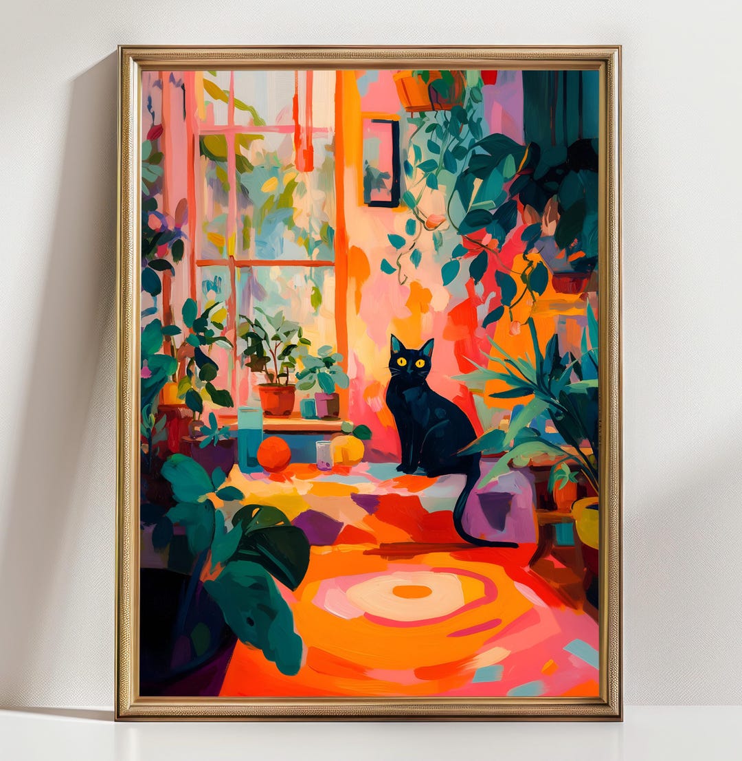 Black Cat Cozy Room Wall Art Print, Aesthetic Cat Lover Decor, Vibrant ...