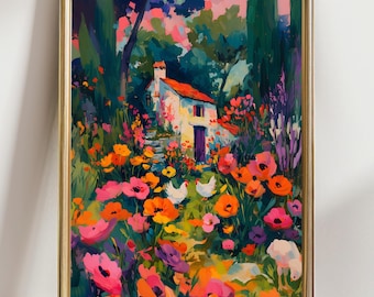 Cottage Garden Chickens Art Print, Colorful Farmhouse Landscape Painting, Whimsical Floral Country House Wall Decor