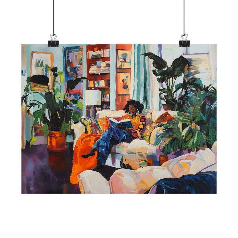 Impresión artística de una chica negra leyendo, decoración acogedora para el hogar, regalo perfecto para amantes de los libros, arte mural artístico, estilo Henri Matisse. imagen 7
