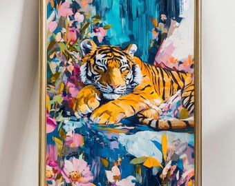 Lámina decorativa de pared con diseño de tigre colorido, vibrante pintura de animales de la selva, atrevida obra de arte de vida silvestre con flores, decoración moderna de estilo bohemio para el hogar.