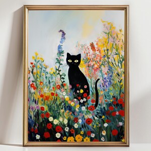 Whimsical Cat Art Print, Floral Cat Poster, Boho Home Decor, Cat Lover Gift, Colorful Wall Art for Cat Lovers