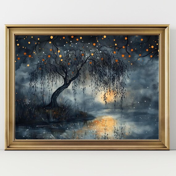 Mystical Willow Tree Moonlight Wall Art – Enchanted Lake Print, Moody Fantasy Forest Painting, Dark Nature Home Decor