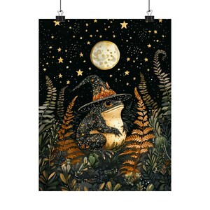 Magical Witch Frog Art Print, Moonlit Forest Nursery Wall Decor, Whimsigoth Botanical Illustration, Woodland Animal Poster image 7