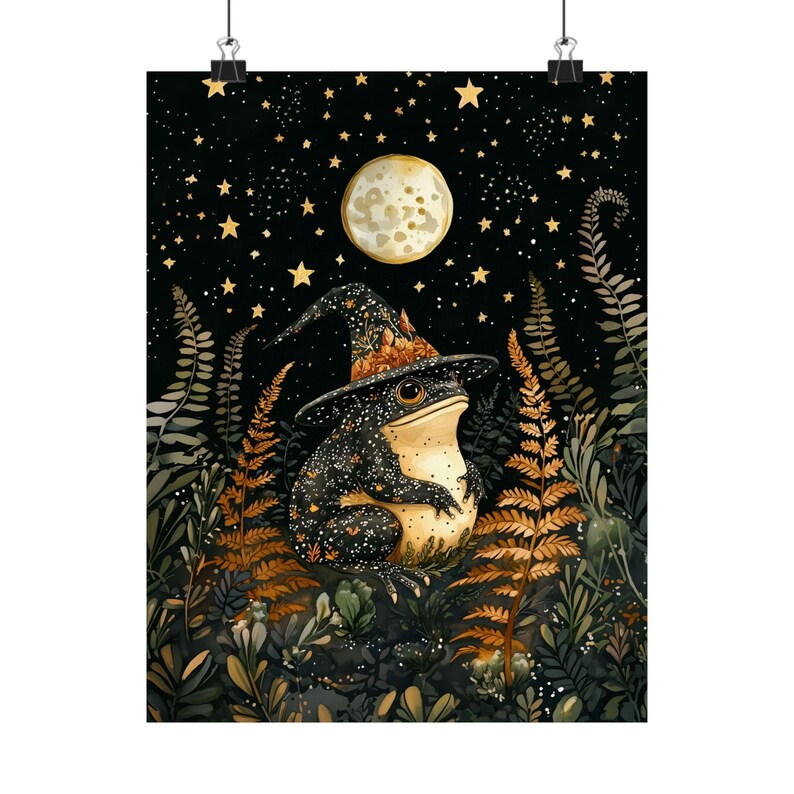 Magical Witch Frog Art Print, Moonlit Forest Nursery Wall Decor, Whimsigoth Botanical Illustration, Woodland Animal Poster image 7