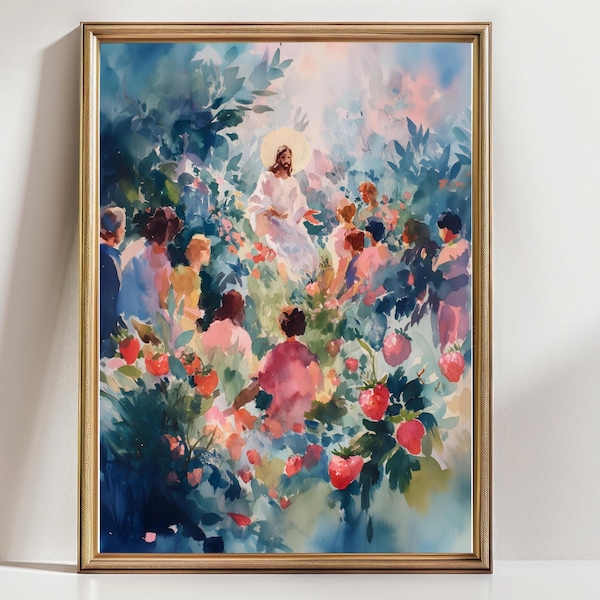 Jesus Teaching Art Print - Colorful Garden Sermon Scene - Uplifting Christian Wall Decor for Faith & Home