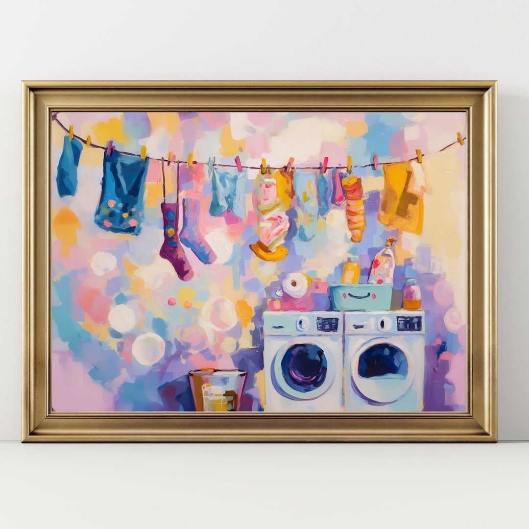 Colorful Laundry Room Art Print - Whimsical Clothesline Wall Decor ...