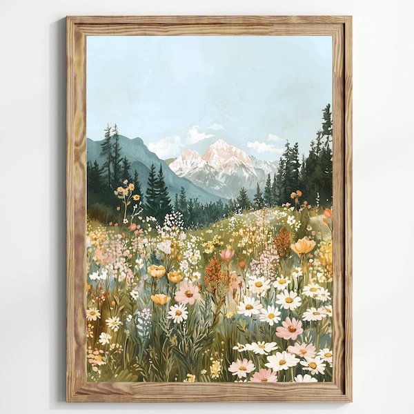 Colorful Wildflower Meadow Landscape Painting Flower Field Wall Art Print Floral Hill Scenery Girly Nature Nursery Kids Room