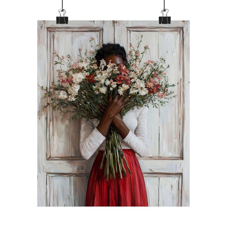 Black Woman Red Skirt Flower Bouquet Print, Romantic Floral Wall Art ...