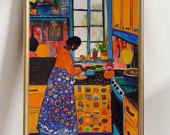 Black Woman Cooking Wall Art, Colorful Kitchen Scene Print, Afrocentric Kitchen Decor, Black Woman Chef Art, African American Home